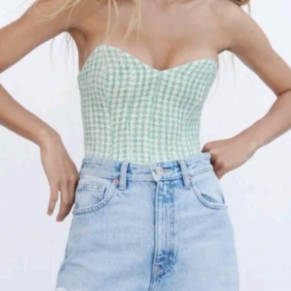 Zara Green Houndstooth Bustier Top Corset